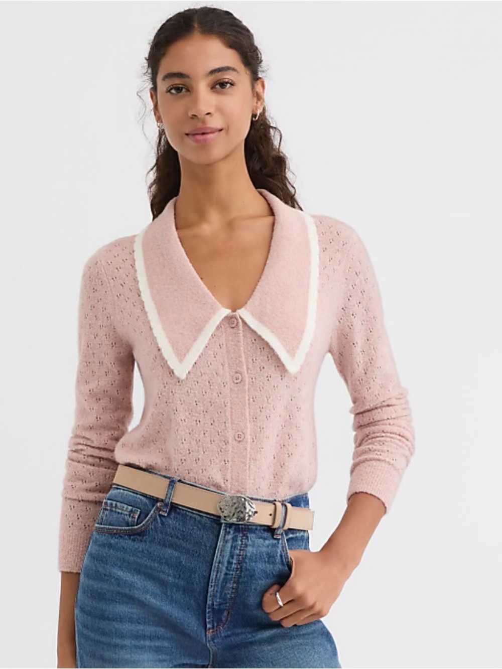 LOFT Pink Pointelle Cardigan with White Trim Collar